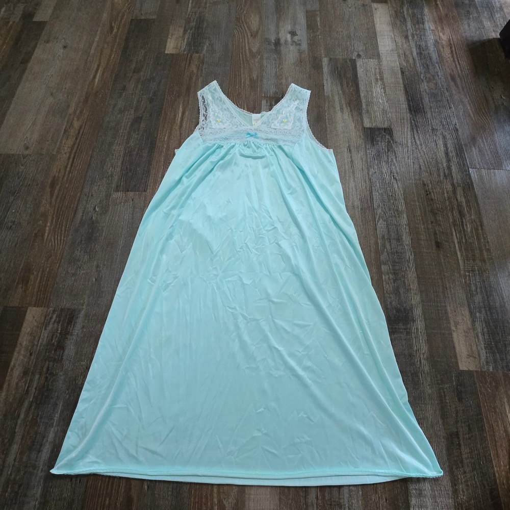 Texsheen Vintage Lace Floral Nightgown Womens Medium Aqua Blue Sleeveless Maxi